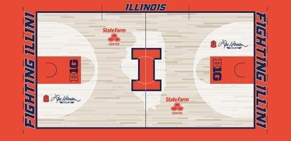 An illustration of the new basketball court featuring images of Henson's traditional orange blazer and a pair of wings that will represent the 1989 Flyin' Illini team on both ends of the court 