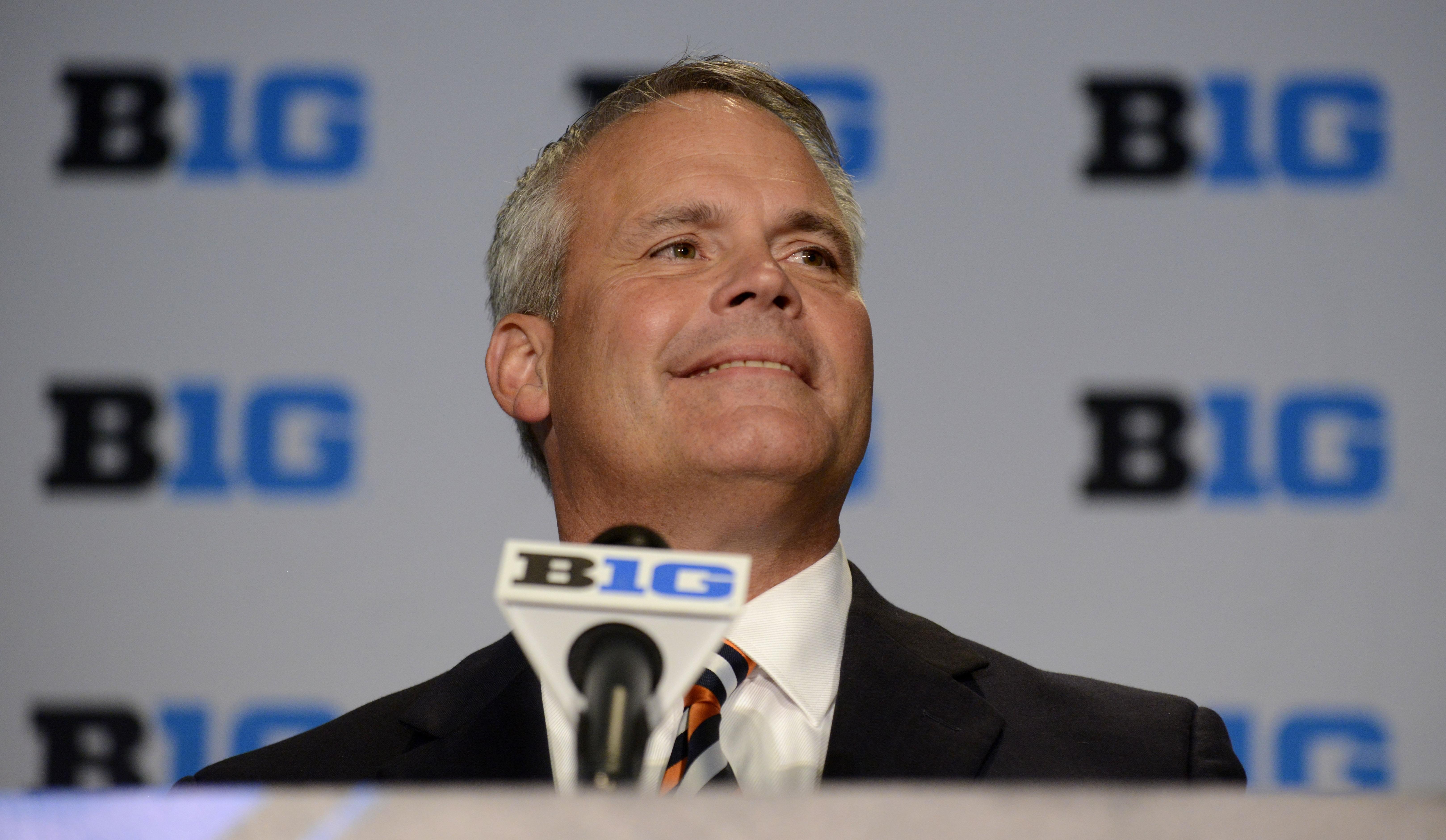 Former Illinois head coach Tim Beckman speaks during the Big Ten Football Media Day, Thursday, July 30, 2015, in Chicago. 