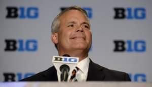 Former Illinois head coach Tim Beckman speaks during the Big Ten Football Media Day, Thursday, July 30, 2015, in Chicago. 