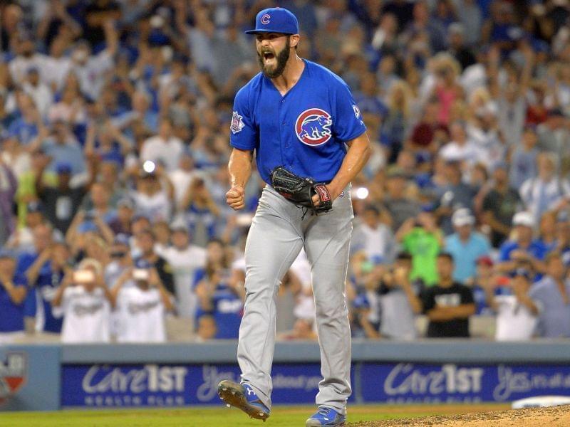 Chicago Cubs starting pitcher Jake Arrieta reacts after throwing his first career no-hitter during the ninth inning of against the Los Angeles Dodgers, Sunday, Aug. 30, 2015, in Los Angeles. The Cubs won 2-0.