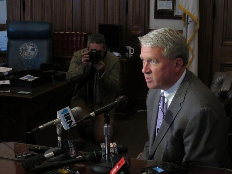 House Republican Leader Jim Durkin speaks with reporters in his Capitol office on May 31, 2015.
