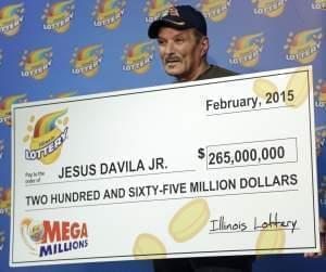 Jesus Davila Jr., 70, of Naperville, Ill., appears at a news conference in Chicago, Tuesday, Feb. 24, 2015, where the Illinois Lottery presented him a $265 million check as winner of the jackpot in the Jan. 16 Mega Millions drawing. It was the larges