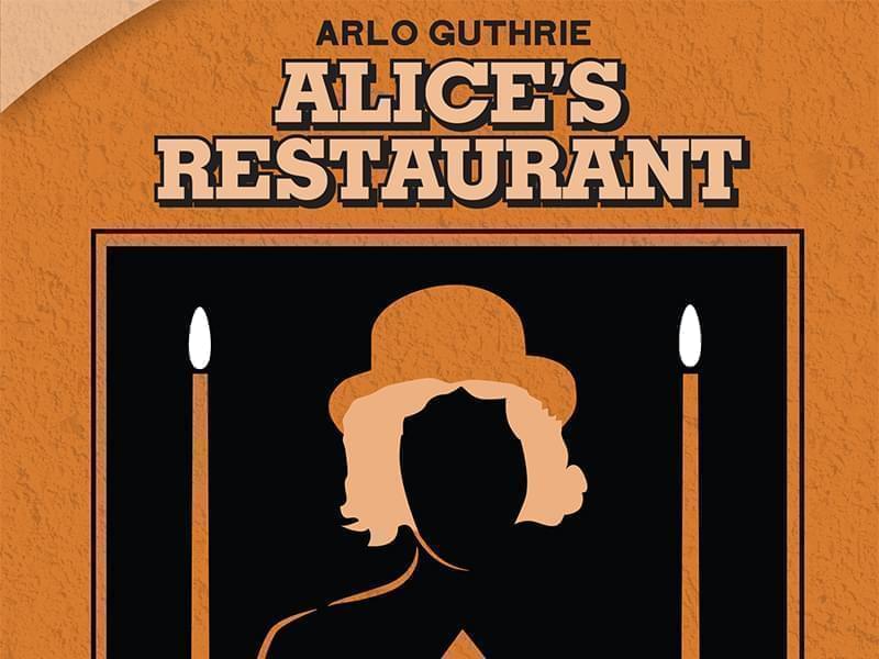 High contrast illustration of Arlo Guthrie with Alice's Reataurant text