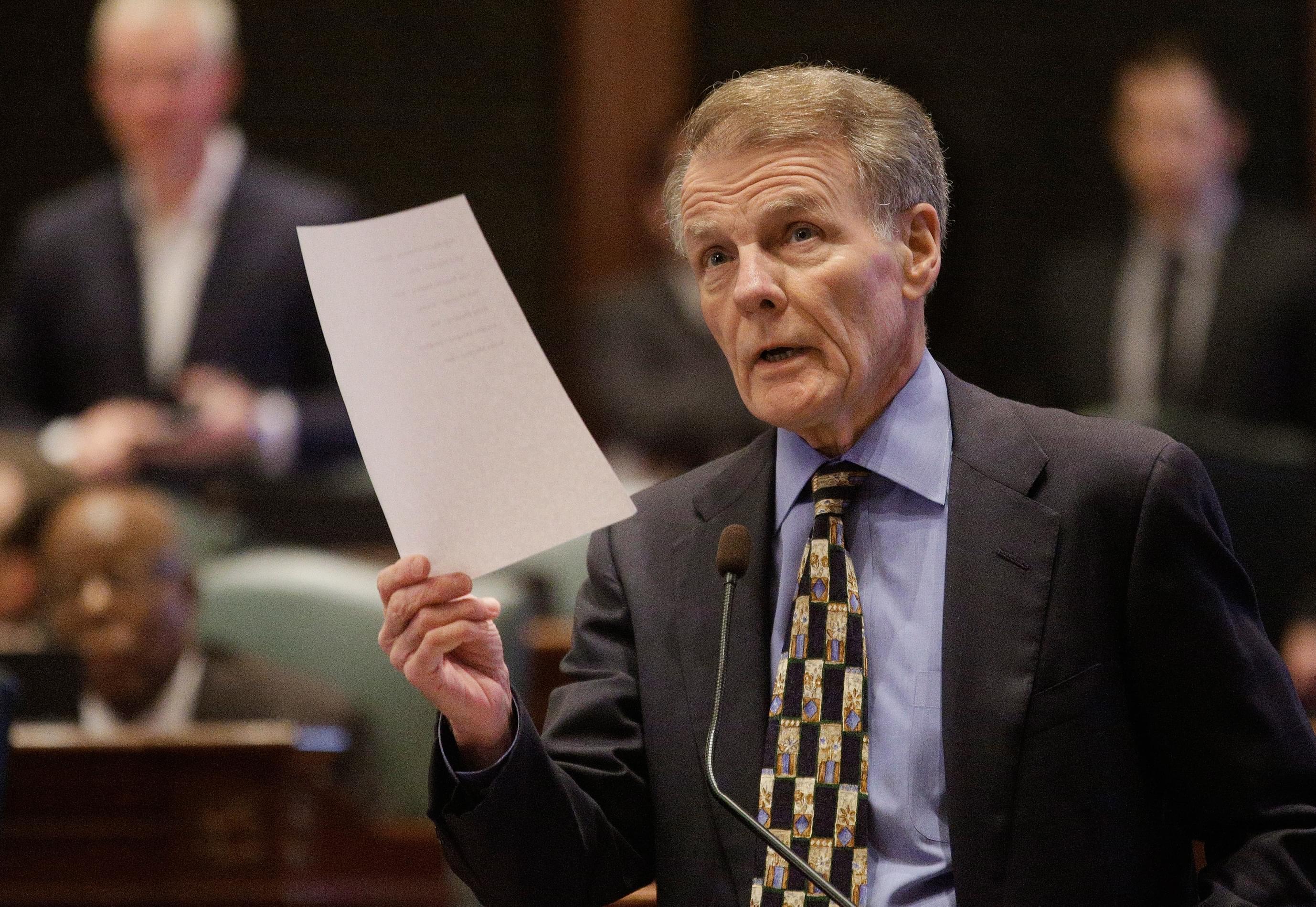 Illinois Speaker of the House Michael Madigan, D-Chicago, speaks to lawmakers while on the House floor during session at the Illinois State Capitol Tuesday in Springfield. Democrats in the General Assembly continue attempts at flanking the Republican