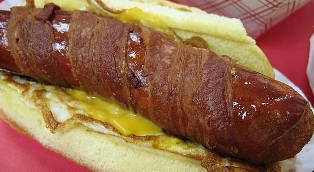 A deep-fried, bacon wrapped "Jersey breakfast dog."