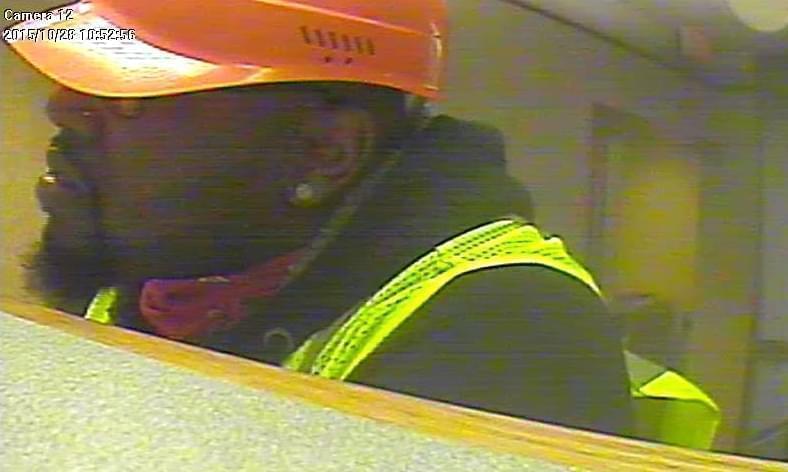 Surveillance camera screenshot of suspect in October 28 armed robbery of First Financial Bank on South Prospect Avenue in Champaign.