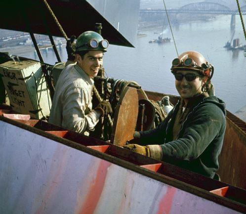 Carroll Allison, left, and Vito Comporato during the construction of the Gateway Arch.