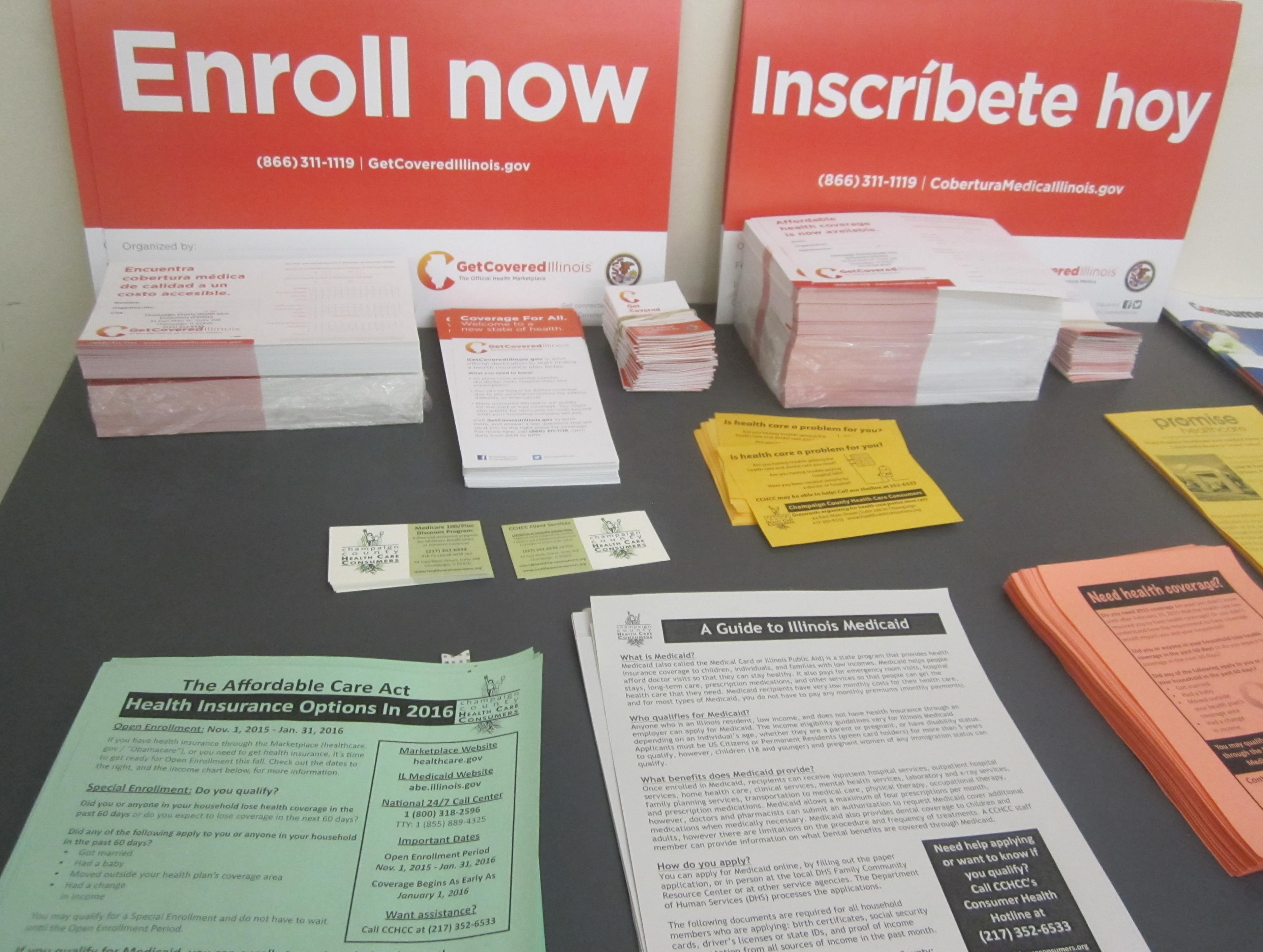 Literature on enrollment in the nation's health care law at Champaign County Health Care Consumers' office in downtown Champaign.