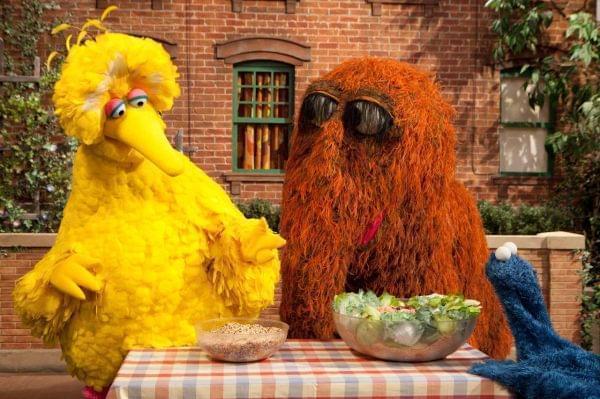Big Bird, Mr. Snuffleupagus and Cookie Monster examine a bowl of vegetables.
