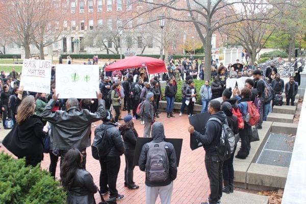 Several black student groups gather on the U of I quad in support of black students at the University of Missouri.