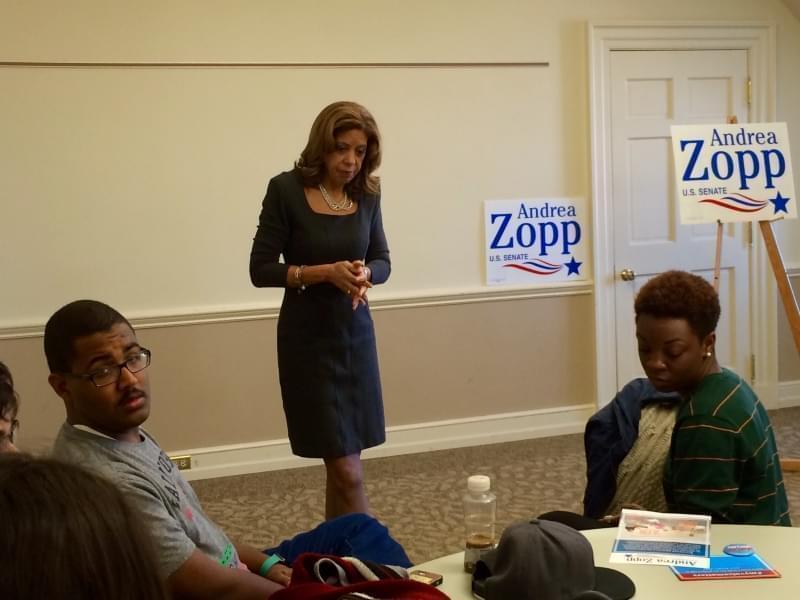 Andrea Zopp, a Democrat vying for U.S. Senate, speaks with students at the University of Illinois Illini Union on Tuesday.
