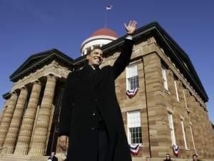 Then-U.S. Sen. Barack Obama of Illinois, waves to spectators as he arrives to announce his candidacy for president of the United States at the Old State Capitol in Springfield, Ill., Saturday, Feb. 10, 2007.