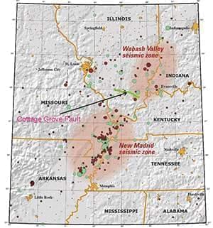 Map of the New Madrid and Wabash Valley seismic zones showing earthquakes as circles.