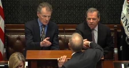 Gov. Bruce Rauner shakes hands with General Assembly Democratic leaders Michael Madigan and John Cullerton. 
