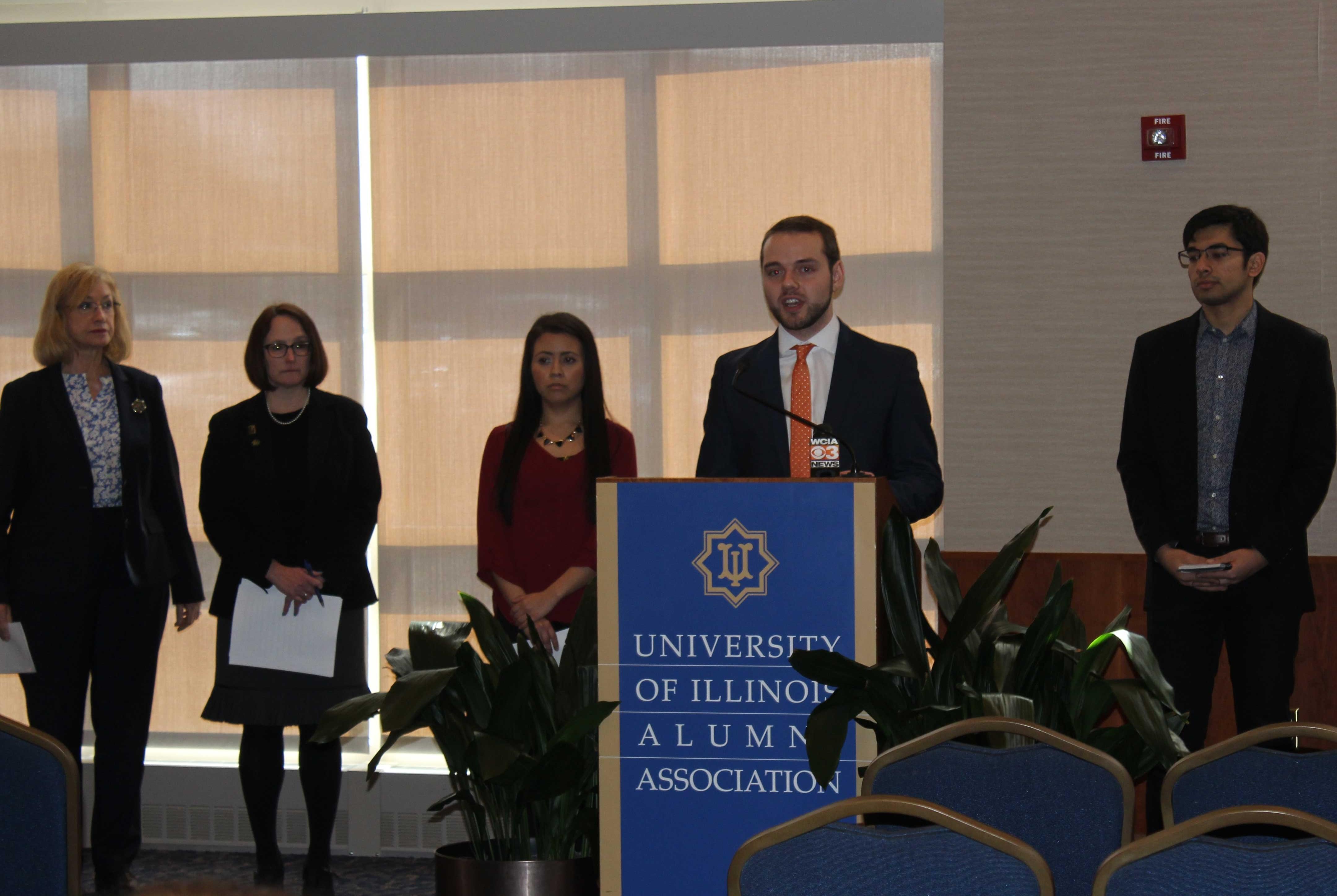 Members of the Illinois Coalition to Invest in Higher Education meet at the U of I's Alice Campbell Alumni Center.  