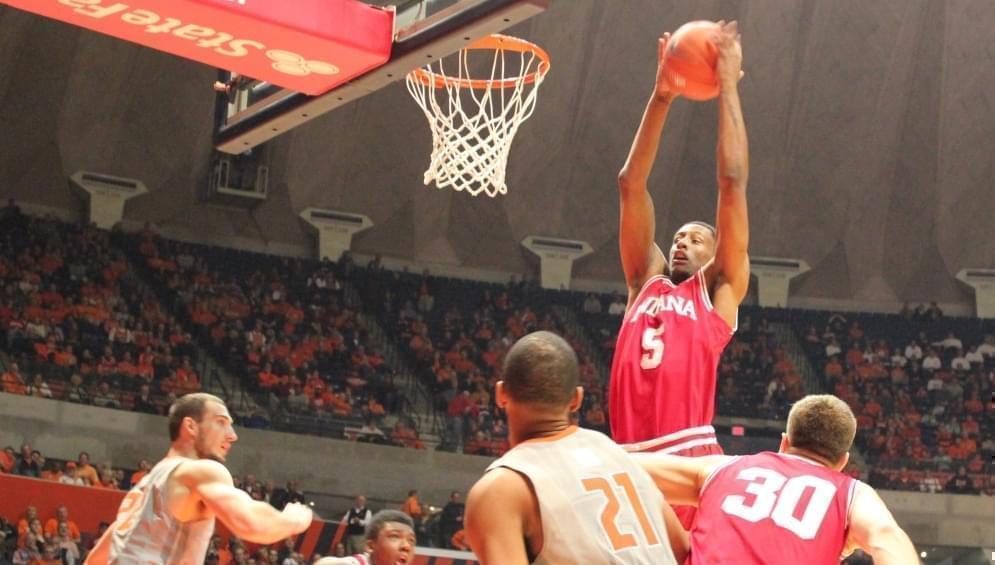 Indiana player Troy Williams grabs a rebound in Thursday's game against Illinois.
