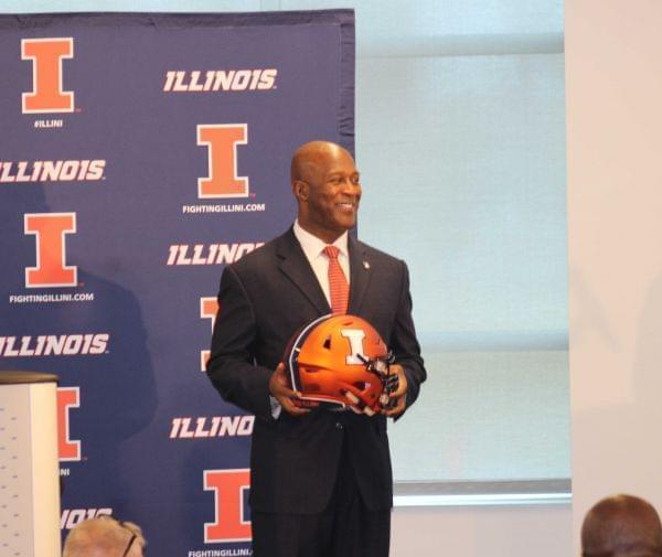 New Illini Football Coach Lovie Smith, after taking questions from reporters at The U of I's Bielfeldt Administration Building Monday. 