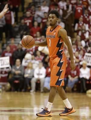 Illinois' Jaylon Tate (1) in action during the first half of an NCAA college basketball game against Indiana, Tuesday, Jan. 19, 2016, in Bloomington, Ind.