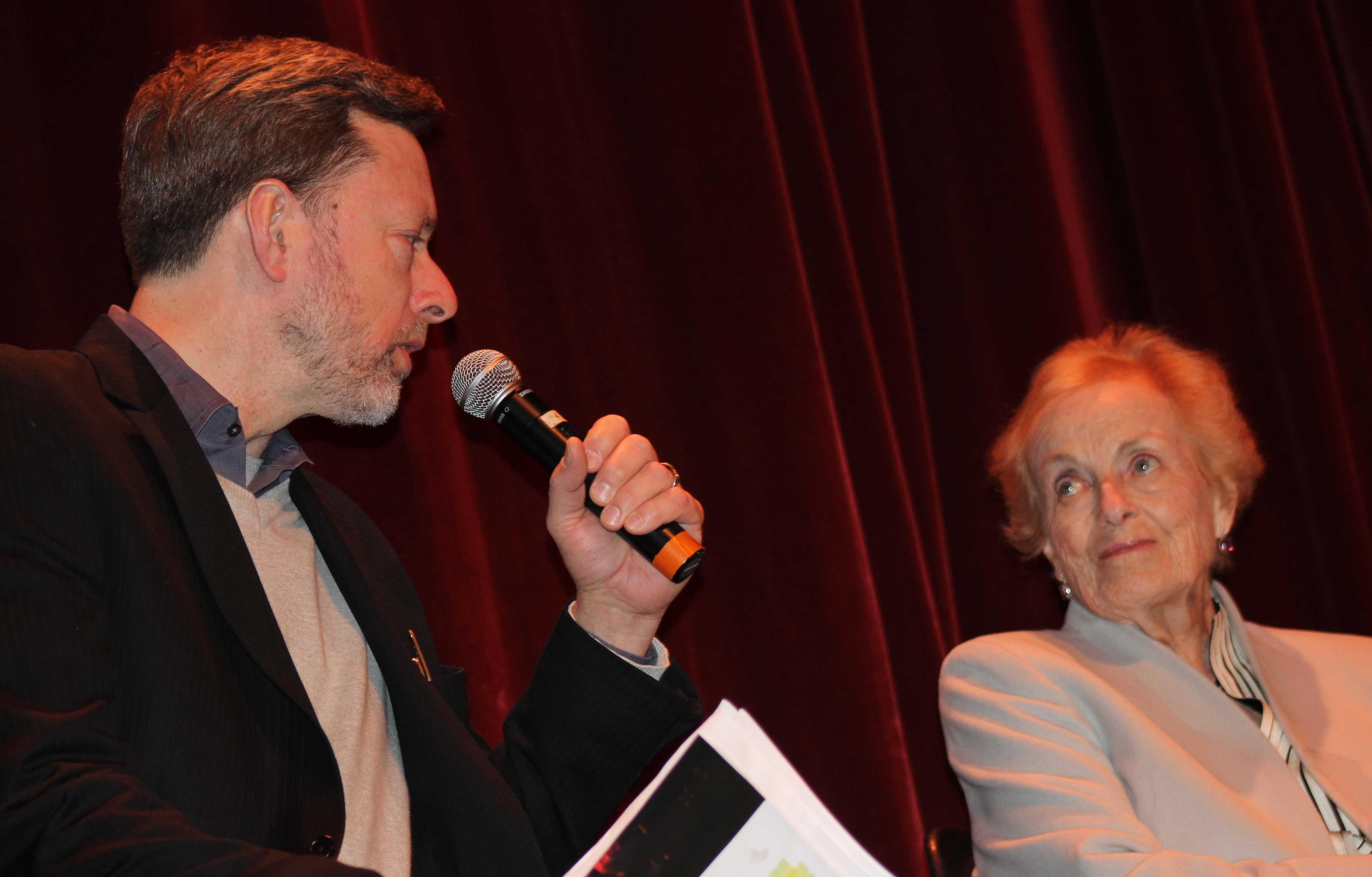 Chicago Tribune Film Critic Michael Philllips talks with film crew veteran Angela Allen about the making of "The Third Man," at Champaign's Virginia Theater Thursday.