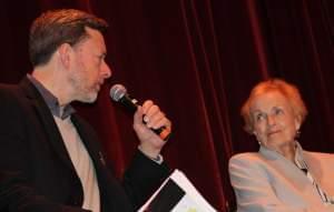 Chicago Tribune Film Critic Michael Philllips talks with film crew veteran Angela Allen about the making of "The Third Man," at Champaign's Virginia Theater Thursday.