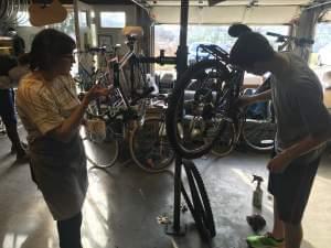 Two students stand working on bikes held up on workstands.