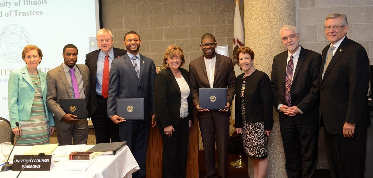 Student trustees received certificates at the final U of I board meeting of 2015-16.