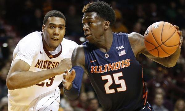 Former Illinois guard Kendrick Nunn (25) drives the ball around Minnesota forward Charles Buggs (23) in the first half of an NCAA college basketball game Saturday, Jan. 23, 2016 in Minneapolis.