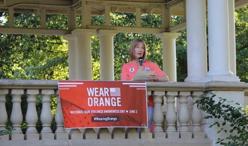 Mary Kay Mace, the mother of NIU shooting victim Ryanne Mace, addressed a crowd at Champaign's Westside Park Thursday. 