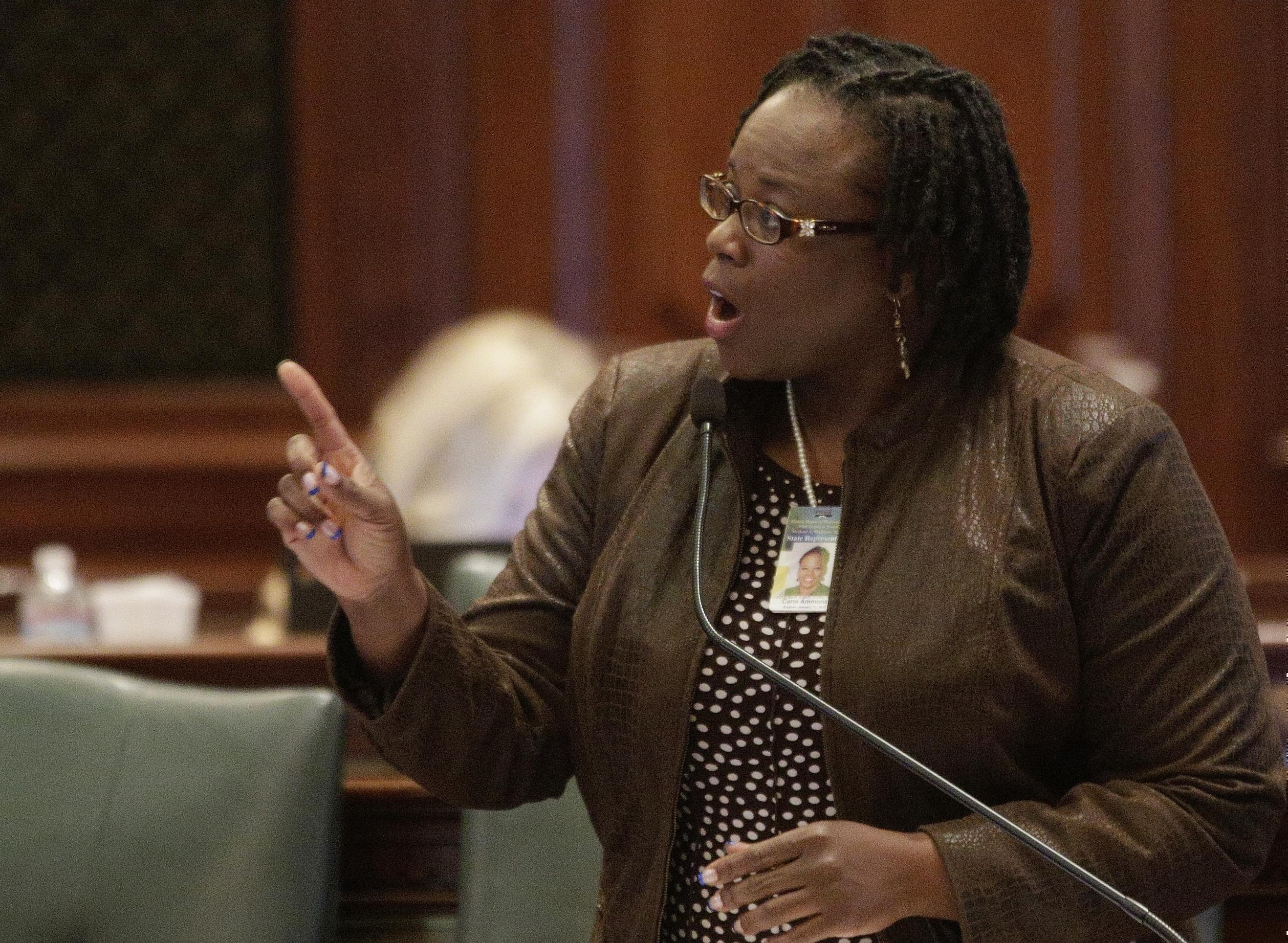 Illinois Rep. Carol Ammons, D-Champaign, argues legislation while on the House floor during session at the Illinois State Capitol, Wednesday, May 4, 2016, in Springfield, Ill. 