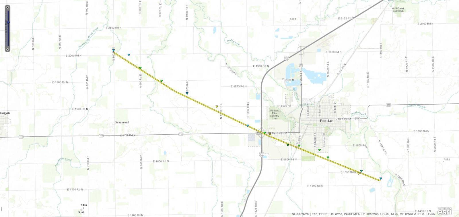 The path of the tornado that struck Pontiac, IL on Wednesday night.