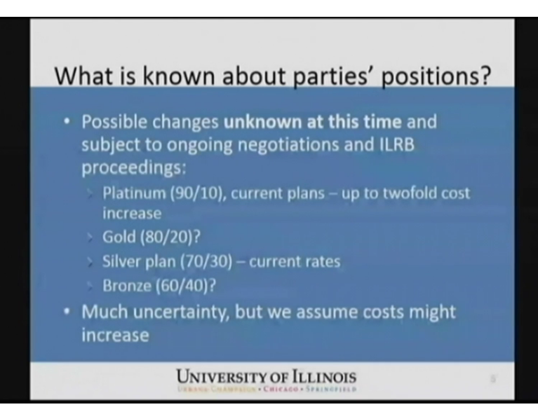Graphic from Monday's meeting on the Chicago campus looks at possible changes to UI employee health insurance premiums.