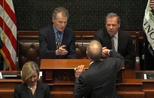 House Speaker Michael Madigan & Sen. President John Cullerton greet Gov. Bruce Rauner. 