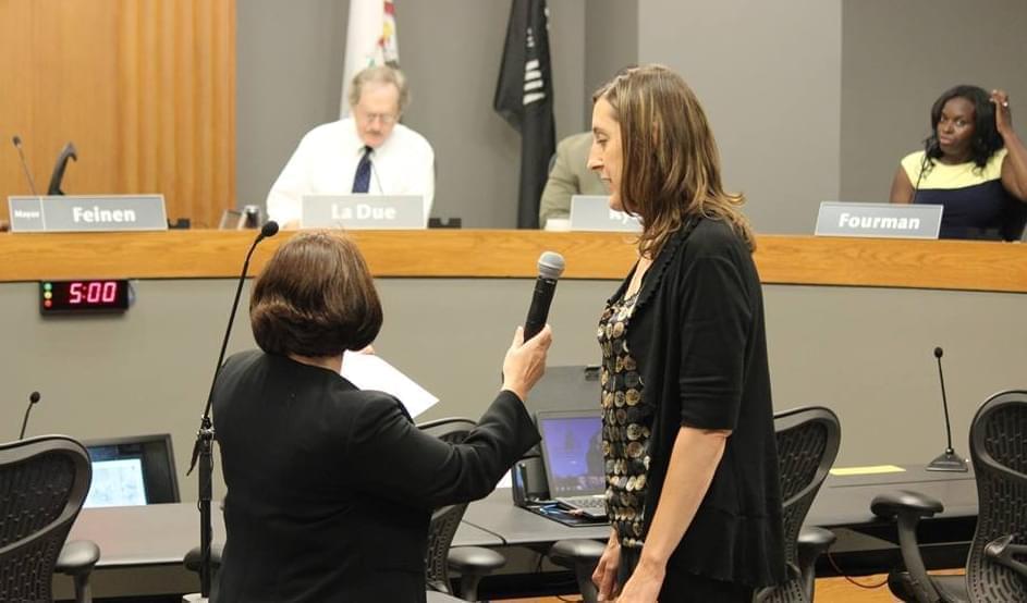 Angie Brix is sworn in, after being appointed to the District Three Champaign City Council seat.