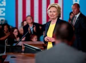 Democratic presidential candidate Hillary Clinton smiles after speaking at the Old State House in Springfield Wednesday,