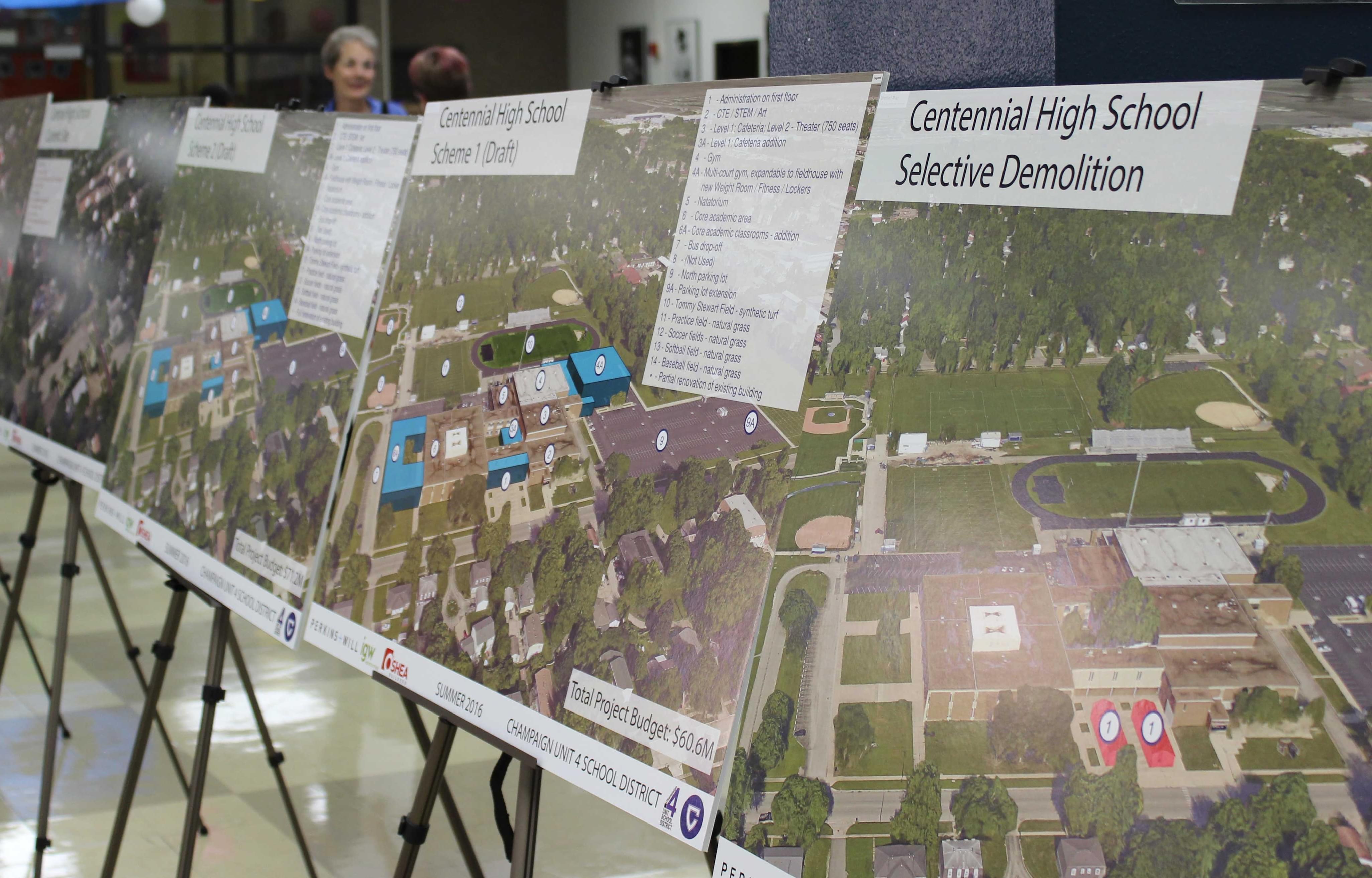 Displays about the future of Centennial High School in the school's library for Thursday's Unit 4 town hall meeting.