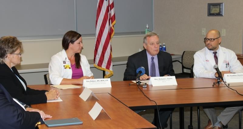 U.S. Senator Dick Durbin meets with a panel of health professionals at Carle Hospital Monday
