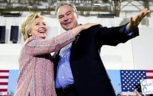 n this July 14, 2016, file photo, Democratic presidential candidate Hillary Clinton, accompanied by Sen. Tim Kaine, D-Va., speaks at a rally at Northern Virginia Community College in Annandale, Va. Clinton has chosen Kaine to be her running mate