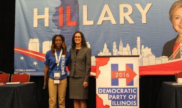 Attorney General Lisa Madigan and a young volunteer at the 2016 Democratic National Convention Illinois delegation breakfast.