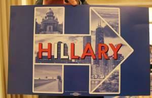 A Hillary Clinton campaign sign featuring scenes from Illinois. 