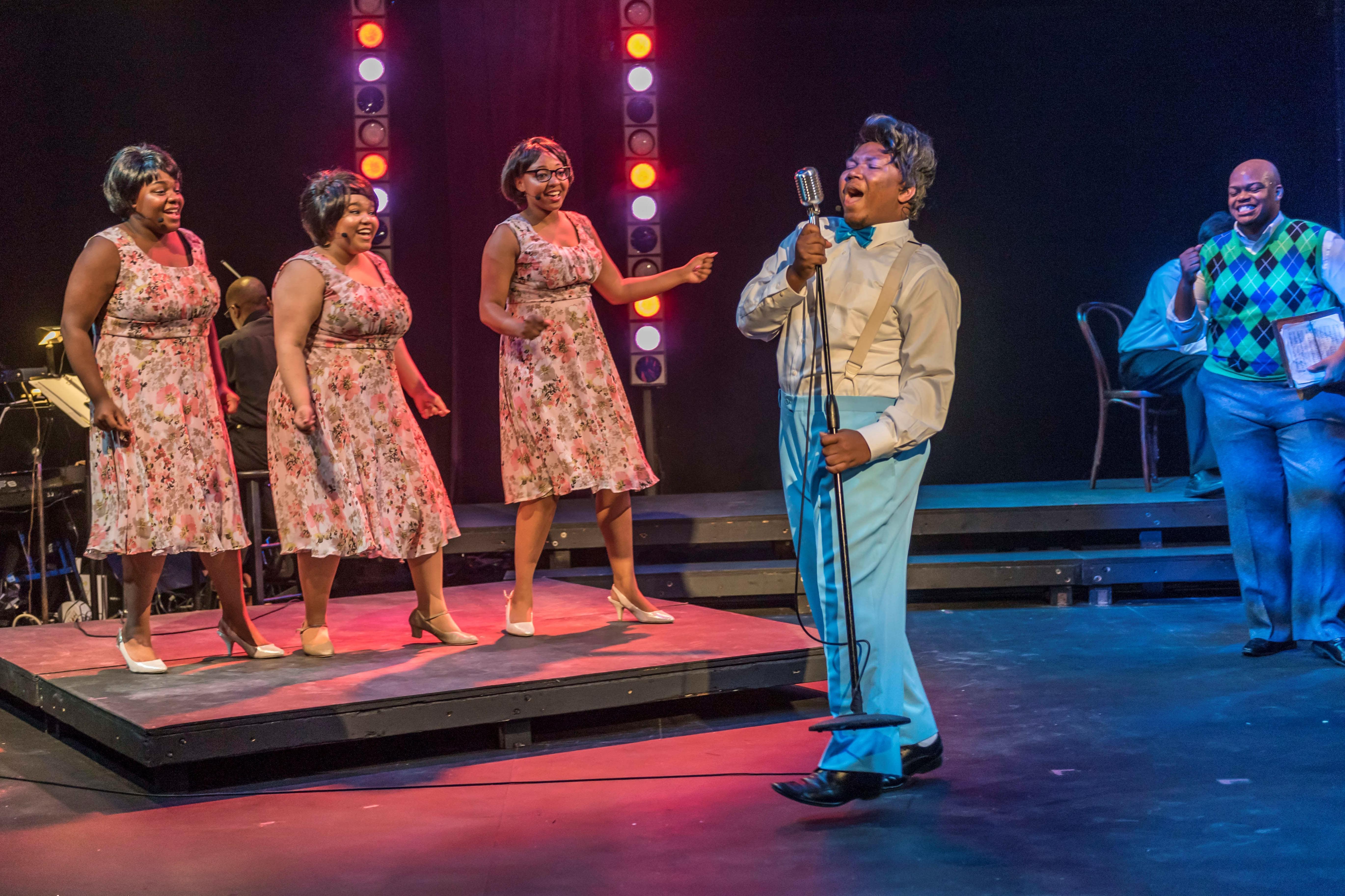 Cast members of 'Dreamgirls' in a final rehearsal. (L to R - J'Lyn Hope, Tafadzwa Diener, Jasmine Dandridge, and Cedric Jones.)