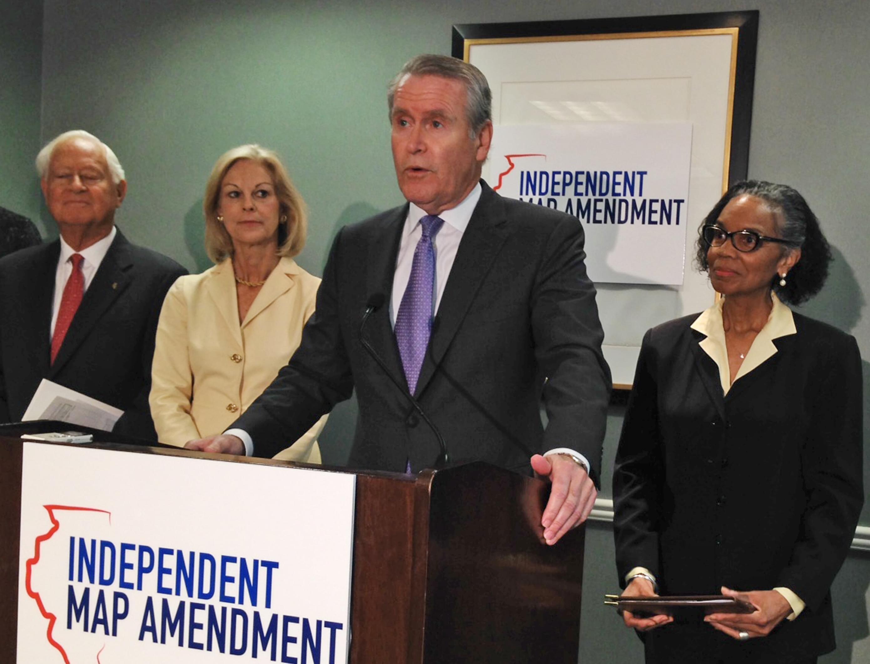 In this April 28, 2015 file photo, former Tribune Company CEO Dennis FitzSimons who is part of the group, Independent Map Amendment speaks at a news conference in Chicago.