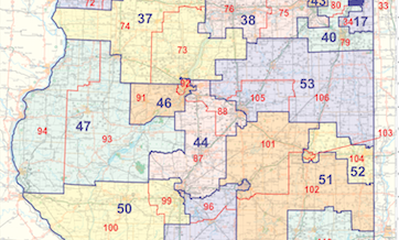 A portion of a map showing Illinois' legislative districts for the state House & Senate. 