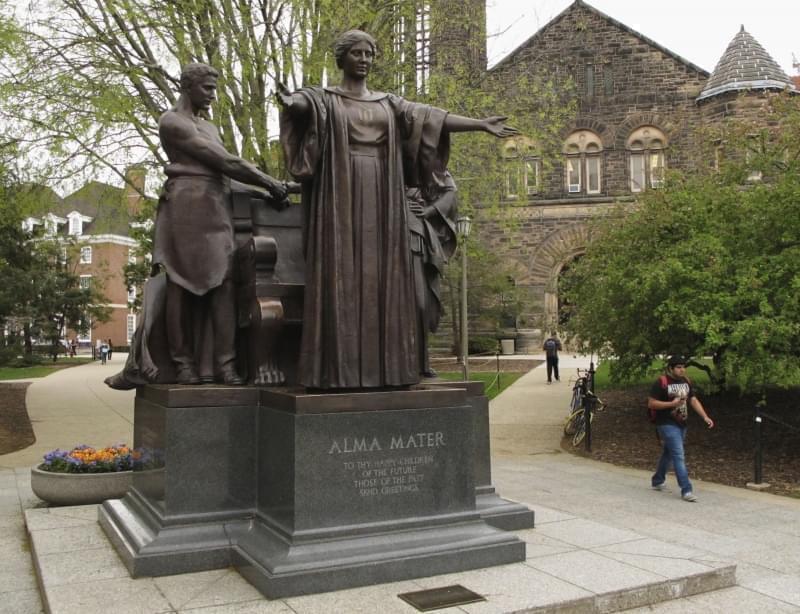 In this April 28, 2014 photo, Students walk past the Alma Mater statue, a landmark on the University of Illinois campus in Urbana, Ill.