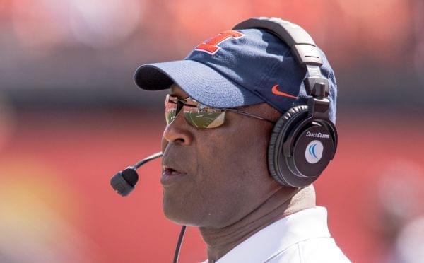 Illinois head coach Lovie Smith watches during the first quarter of an Saturday's 52-3 win over Murray State Saturday at Memorial Stadium.