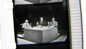 From left: ABC reporter Quincy Howe, Sen. Estes Kefauver and Gov. Adlai Stevenson in a still from the first TV debate between two presidential candidates. The Abraham Lincoln Presidential Library and Museum has one of two known copies of the broadcas