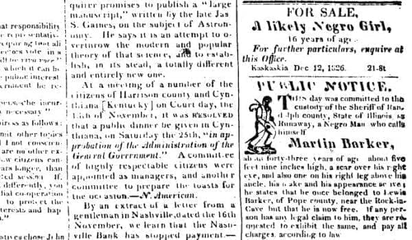 Advertisement of sale of enslaved person in the Illinois Reporter, Dec. 12, 1826.