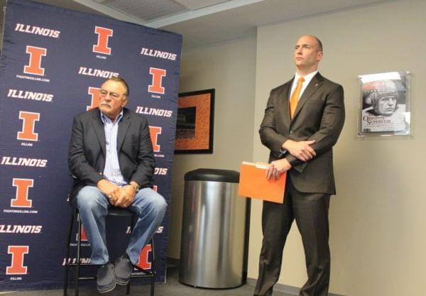 Illini Hall of Fame inductee Dick Butkus and U of I Athletic Director Josh Whitman at Thursday's announcement at Memorial Stadium.  