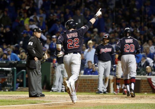 Cleveland Indians' Jason Kipnis (22) celebrates after hitting a three-run home run during the seventh inning of Game 4 of the World Series against the Chicago Cubs, Saturday, Oct. 29, 2016, at Wrigley Field