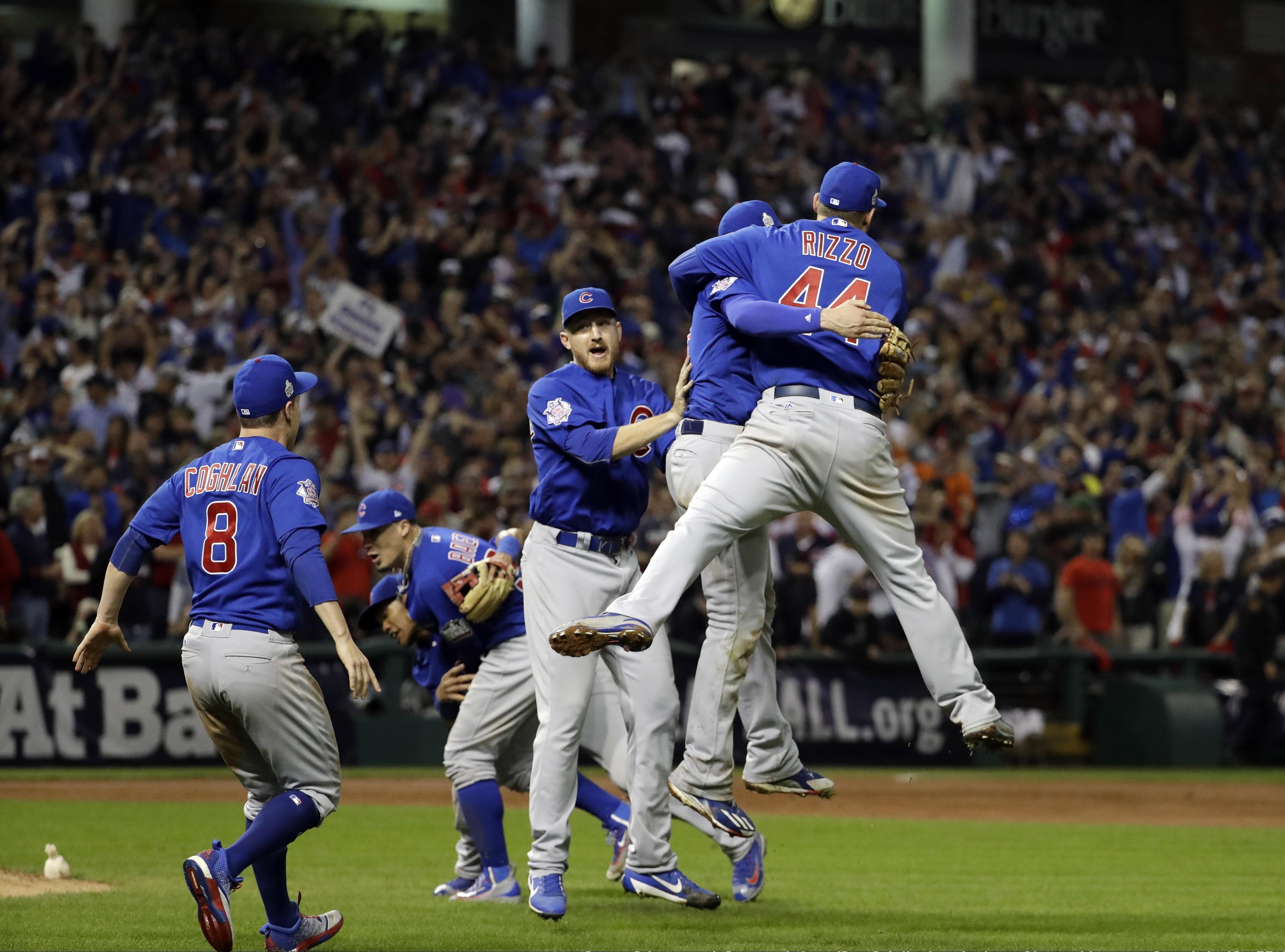 The Chicago Cubs celebrate after Game 7 of the World Series against the Cleveland Indians Thursday, Nov. 3, 2016, in Cleveland. The Cubs won 8-7 in 10 innings to win the series 4-3.