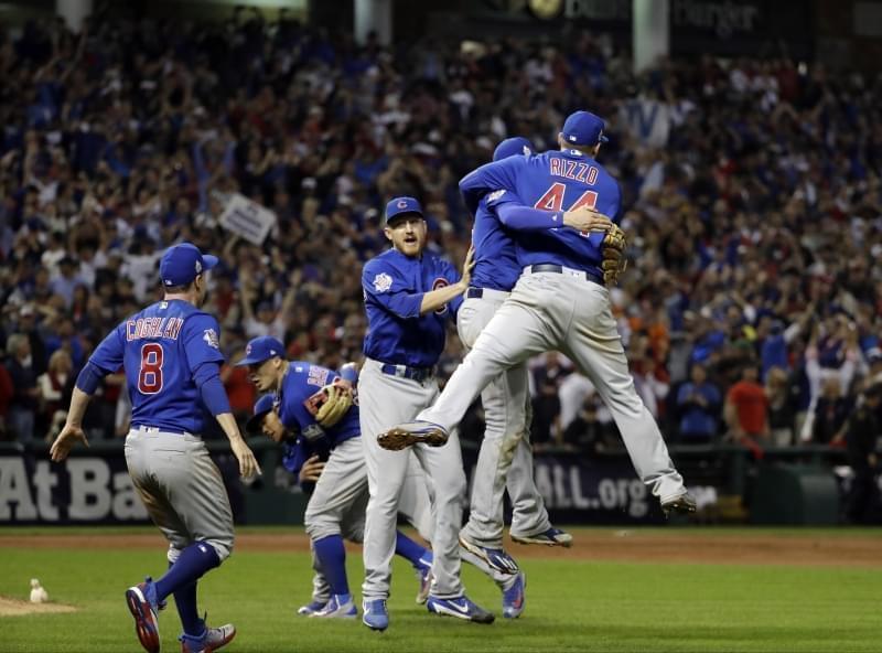 The Chicago Cubs celebrate after Game 7 of the  World Series against the Cleveland Indians Thursday, Nov. 3, 2016, in Cleveland. The Cubs won 8-7 in 10 innings to win the series 4-3.